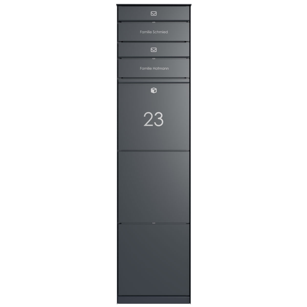 Freestanding design parcel box GOETHE with 2 letterboxes - lock system - RAL of your choice Freestanding design parcel box GOETHE with 2 letterboxes - lock system - RAL of your choice