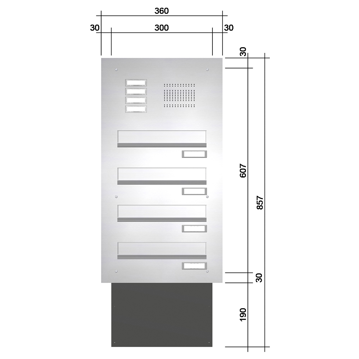 Stainless steel wall-mounted letterbox system BASIC 623 - Doorbell intercom - 4 parties Stainless steel wall-mounted letterbox system BASIC 623 - Doorbell intercom - 4 parties