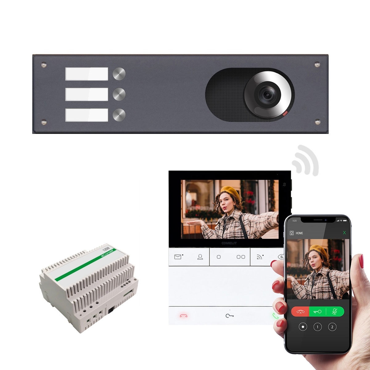 Stainless steel panel 355x100 for 3 parties, RAL of your choice FS w. Comelit complete video set Wifi Stainless steel panel 355x100 for 3 parties, RAL of your choice FS w. Comelit complete video set Wifi
