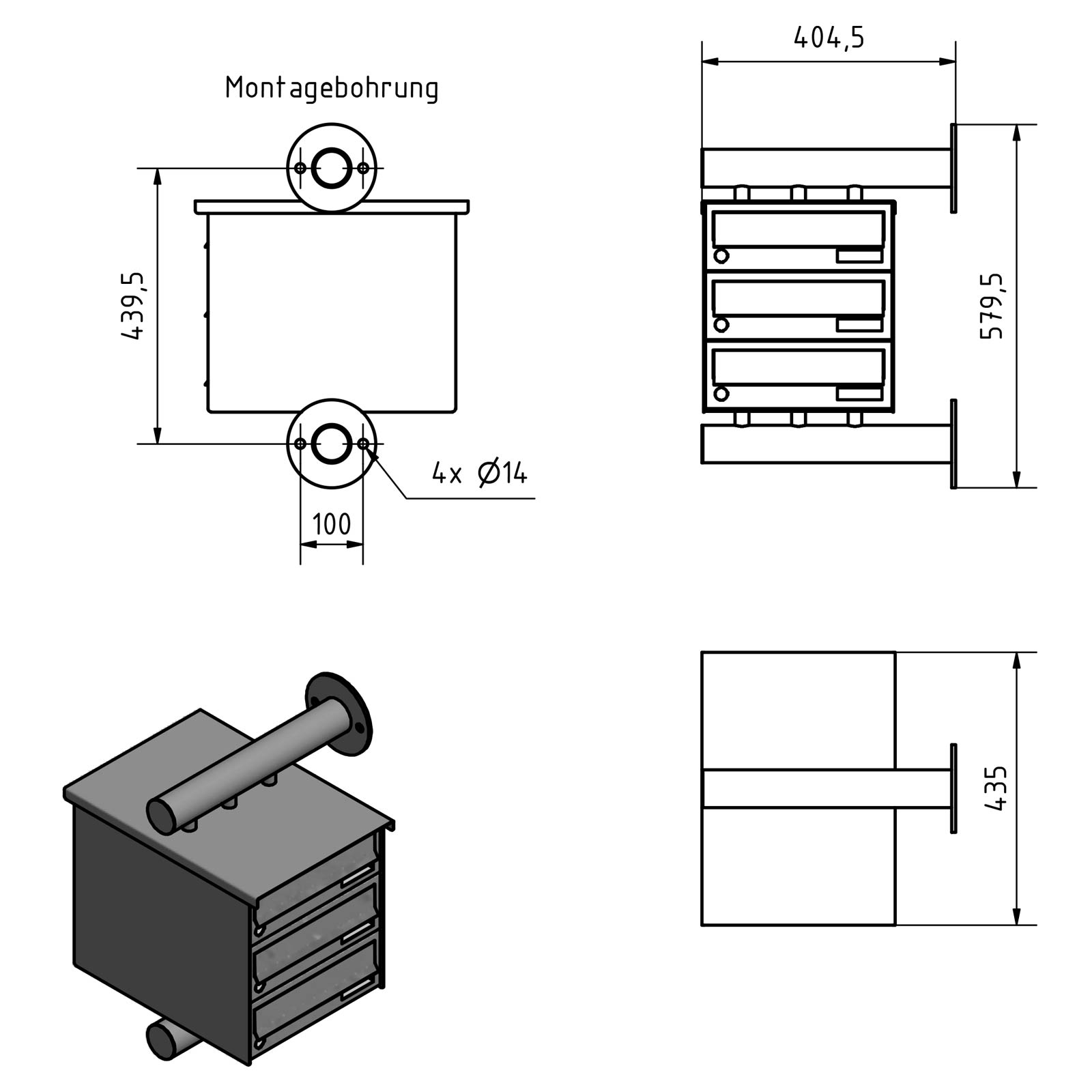 3er Edelstahl Briefkastenanlage Design BASIC Plus 385XW zur seitlichen Wandmontage - RAL nach Wahl