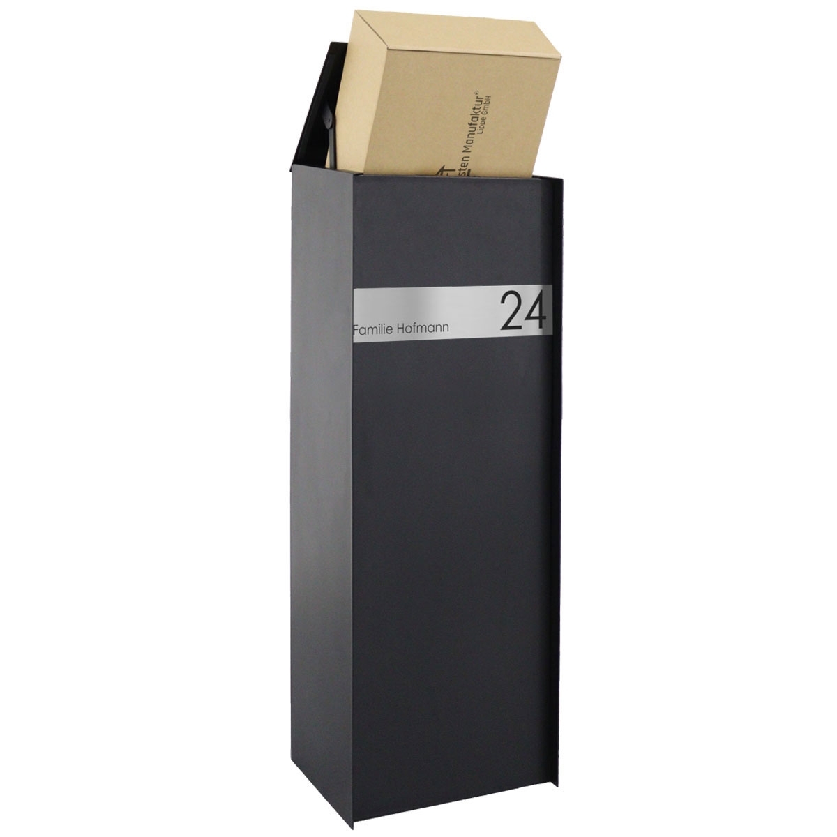 Freestanding parcel letter box KÄSTNER - Design One - RAL 9005 jet black - Removal from the rear