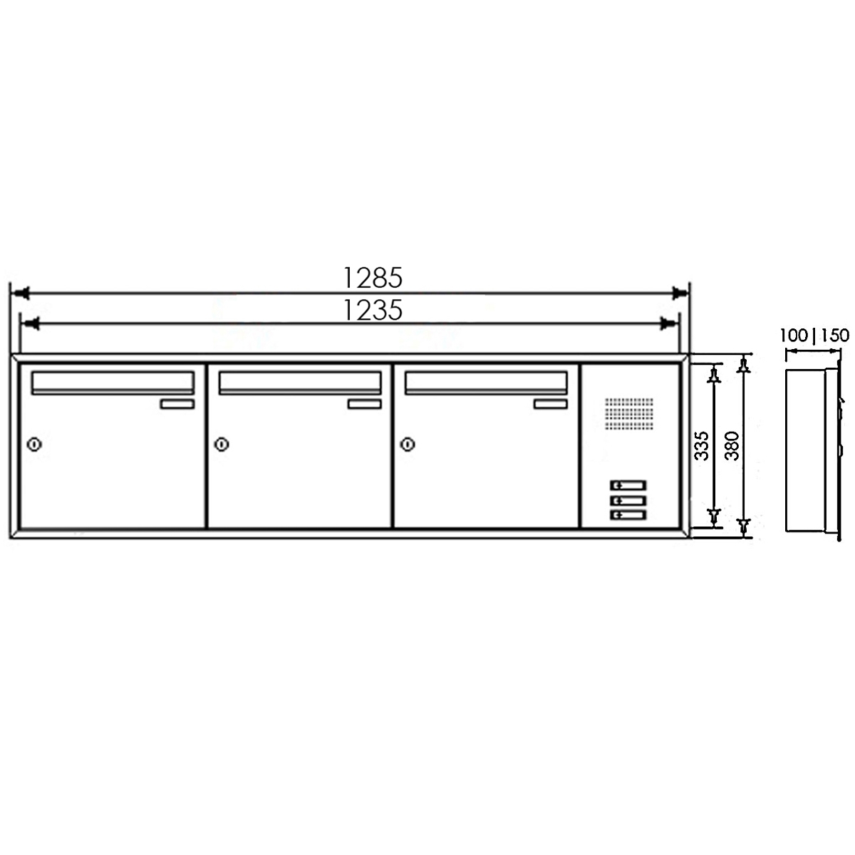3-piece stainless steel flush-mounted letterbox BASIC Plus 382XU UP with bell box on the side 3-piece stainless steel flush-mounted letterbox BASIC Plus 382XU UP with bell box on the side