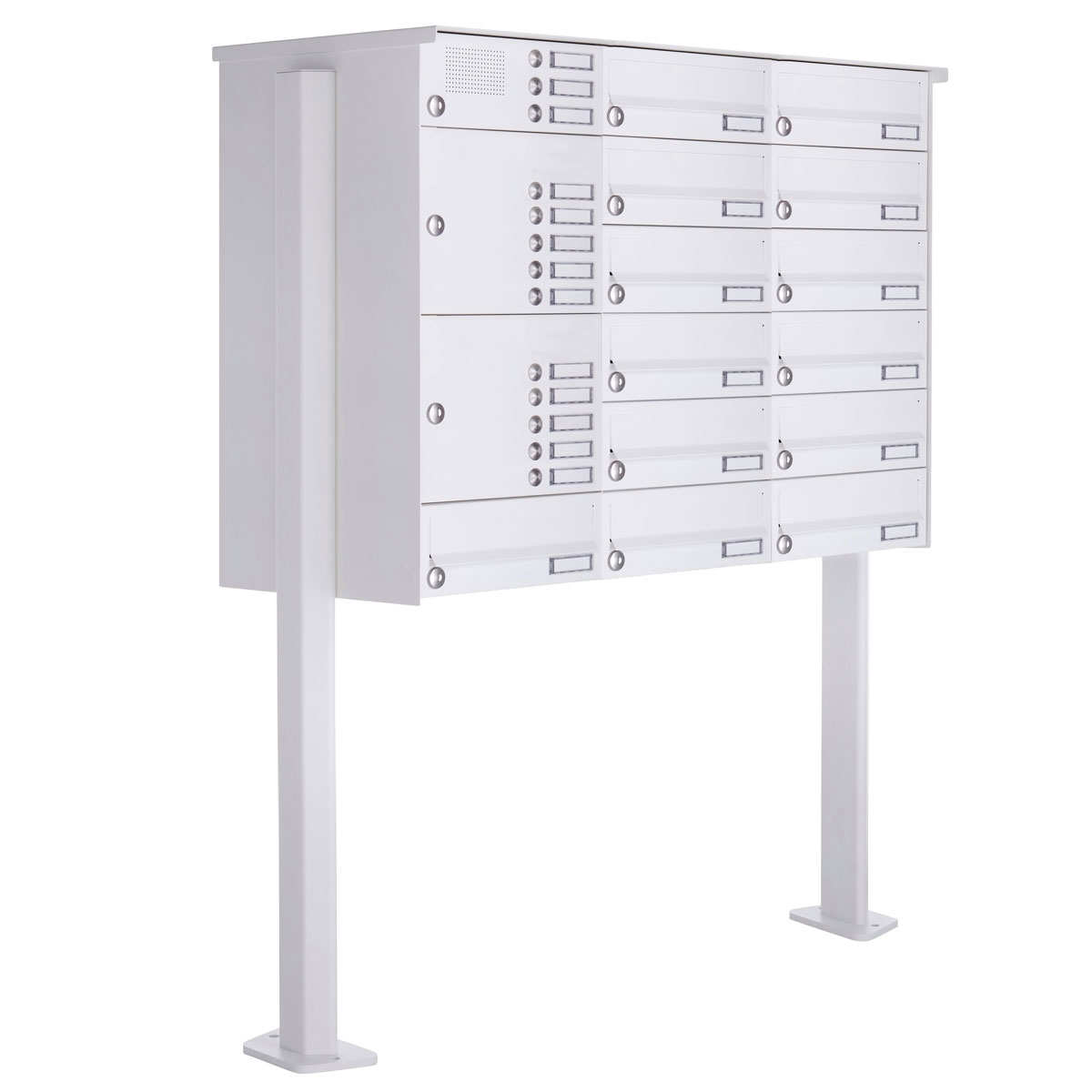 13er Standbriefkasten Design BASIC 385P-9016 ST-T mit Klingelkasten - RAL 9016 verkehrsweiß
