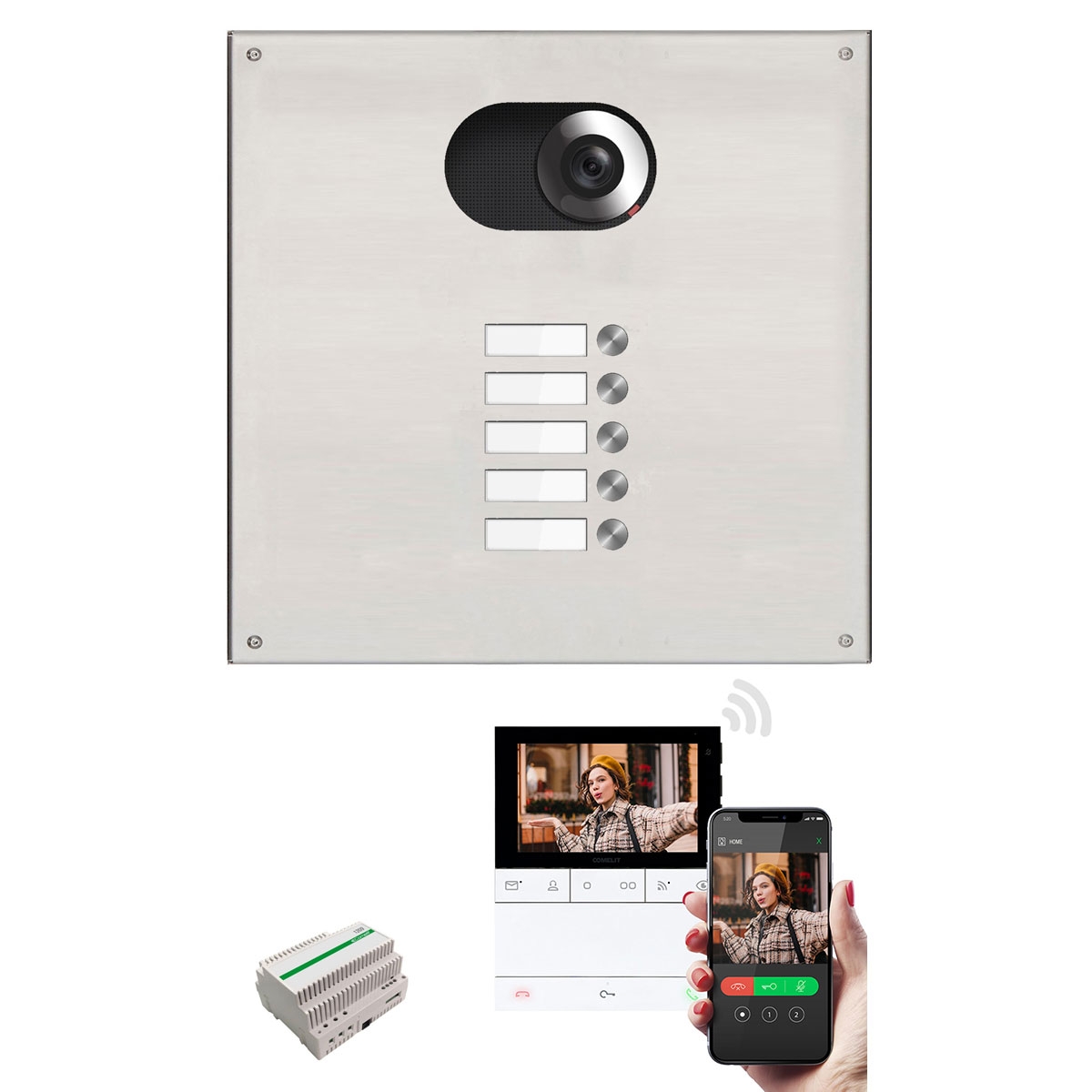Pannello in acciaio inox 355x330 per 5 party con set video completo Comelit Wifi Pannello in acciaio inox 355x330 per 5 party con set video completo Comelit Wifi