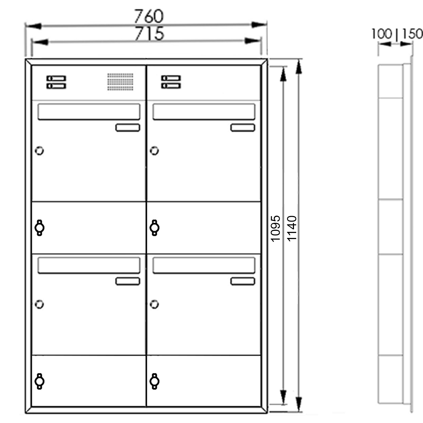 4er Edelstahl Unterputzbriefkasten BASIC Plus 382XU UP mit Klingelkasten & Zeitungsfach - RAL nach Wahl 4er Edelstahl Unterputzbriefkasten BASIC Plus 382XU UP mit Klingelkasten & Zeitungsfach - RAL nach Wahl