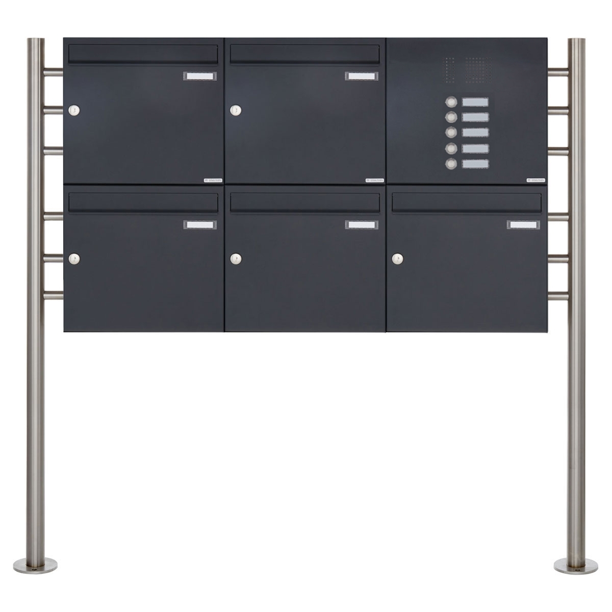 5-post 2x3 letterbox design BASIC 381 ST-R with bell box - RAL 7016 anthracite grey 5-post 2x3 letterbox design BASIC 381 ST-R with bell box - RAL 7016 anthracite grey