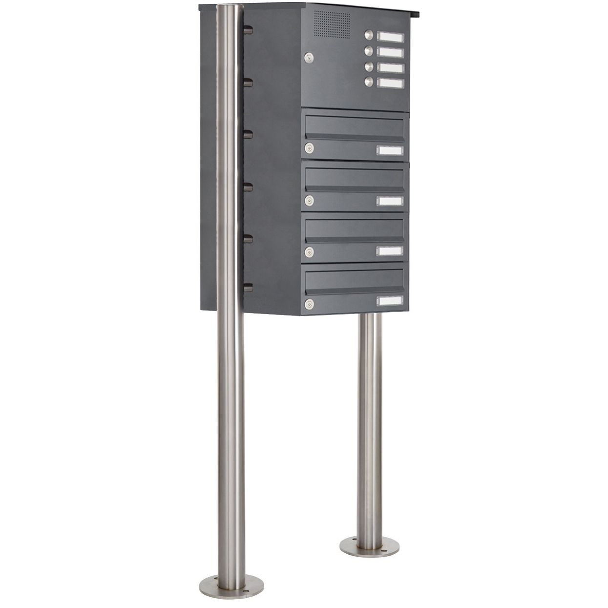 4er 6x1 Edelstahl Standbriefkasten Design BASIC Plus 385X ST-R mit Klingelkasten - RAL nach Wahl