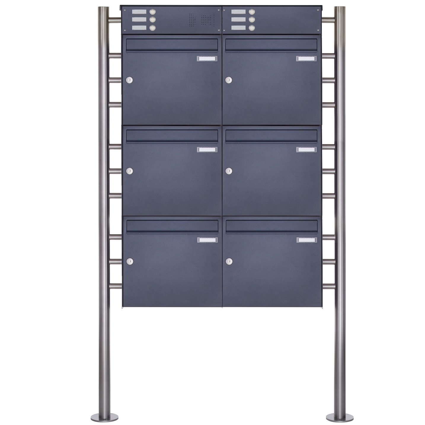6er Edelstahl Standbriefkasten Design BASIC Plus 381X ST-R mit Klingelkasten - RAL nach Wahl 6er Edelstahl Standbriefkasten Design BASIC Plus 381X ST-R mit Klingelkasten - RAL nach Wahl