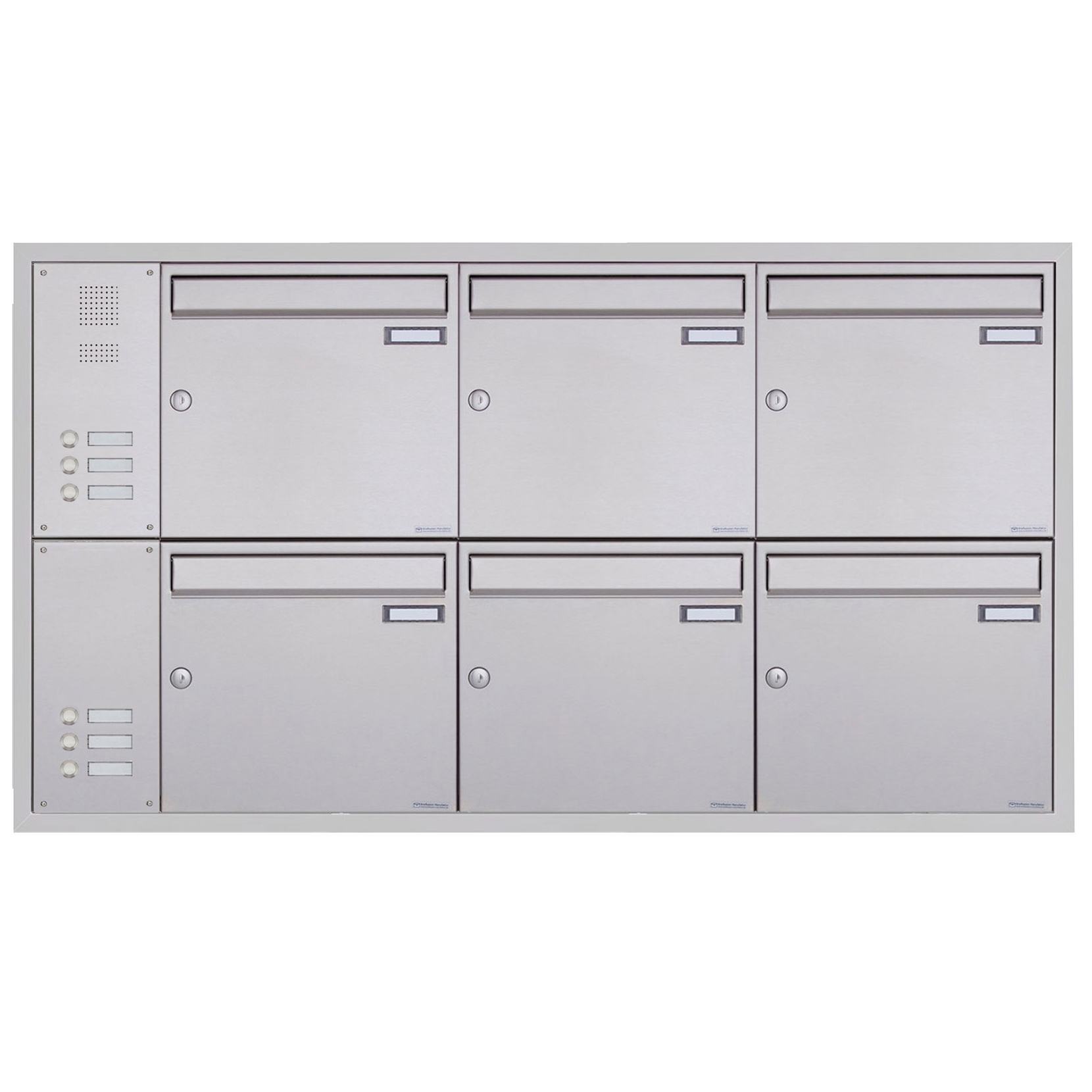 6-piece stainless steel flush-mounted letterbox system BASIC Plus 382XU UP with bell box on the side 6-piece stainless steel flush-mounted letterbox system BASIC Plus 382XU UP with bell box on the side
