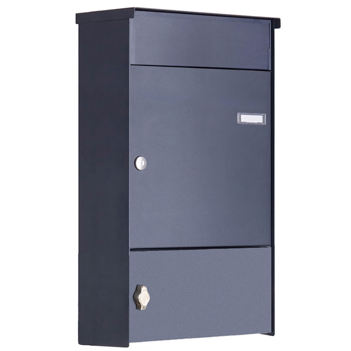 Stainless steel fence letterbox BASIC Plus 382XZ with newspaper compartment & bell box - RAL of your choice - removal from the rear Stainless steel fence letterbox BASIC Plus 382XZ with newspaper compartment & bell box - RAL of your choice - removal from the rear