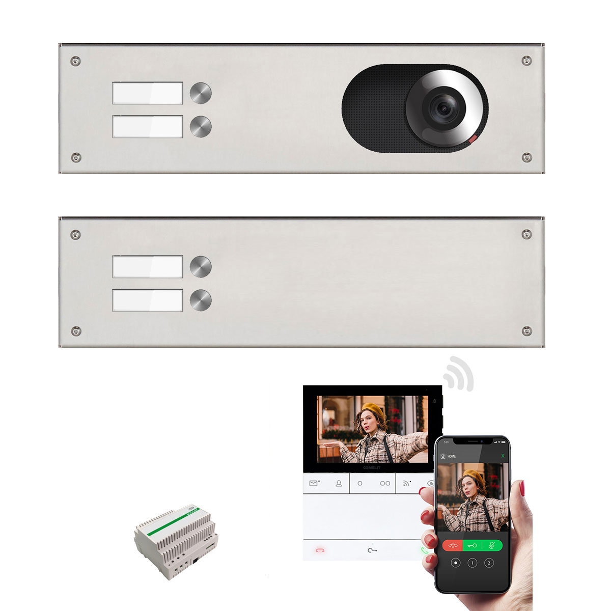 2 stainless steel panels 355x100 for 4 parties with Comelit complete video set Wifi - Polished 2 stainless steel panels 355x100 for 4 parties with Comelit complete video set Wifi - Polished