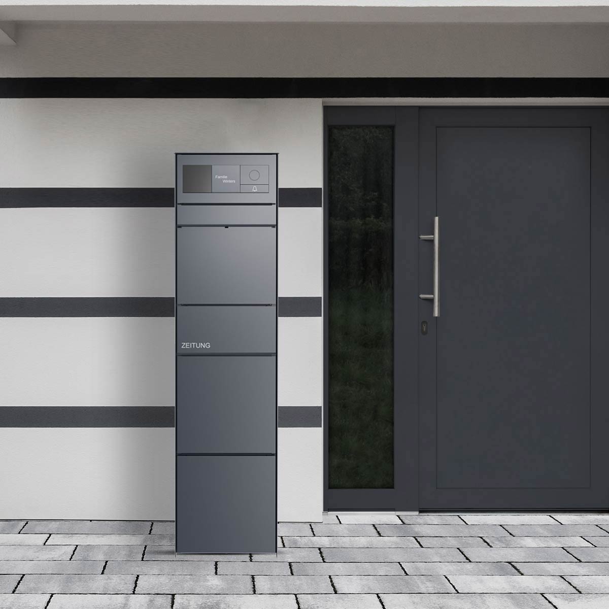 Design letterbox pedestal GOETHE with newspaper compartment - RAL of your choice - GIRA System 106 - VIDEO complete set Design letterbox pedestal GOETHE with newspaper compartment - RAL of your choice - GIRA System 106 - VIDEO complete set