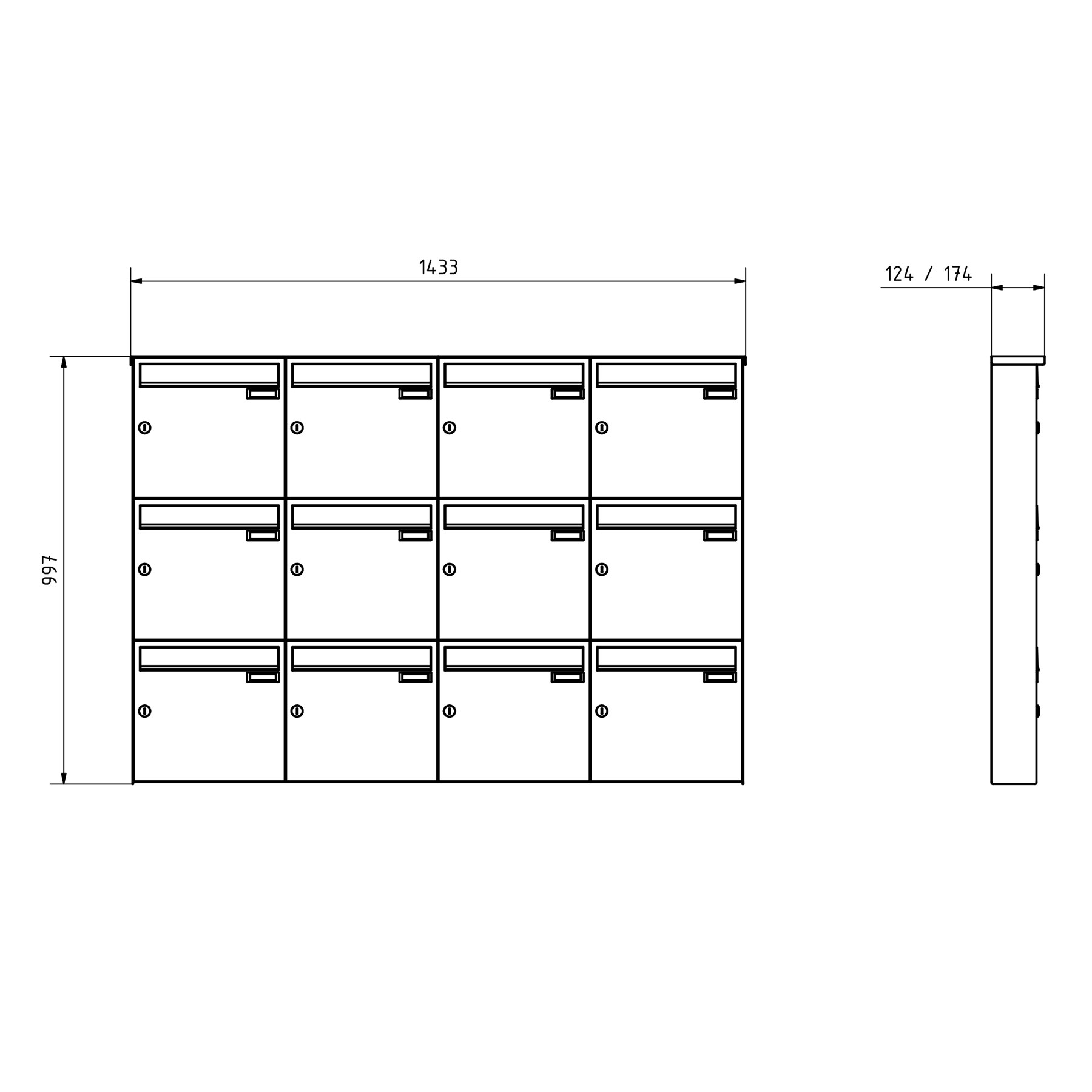 12er 3x4 Edelstahl Aufputz Briefkasten Design BASIC Plus 382XA AP - RAL nach Wahl