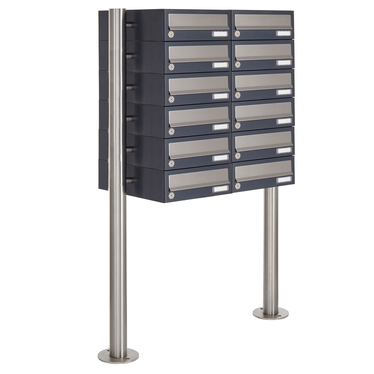 12er Briefkastenanlage freistehend Design BASIC 385 ST-R - Edelstahl-RAL 7016 anthrazitgrau