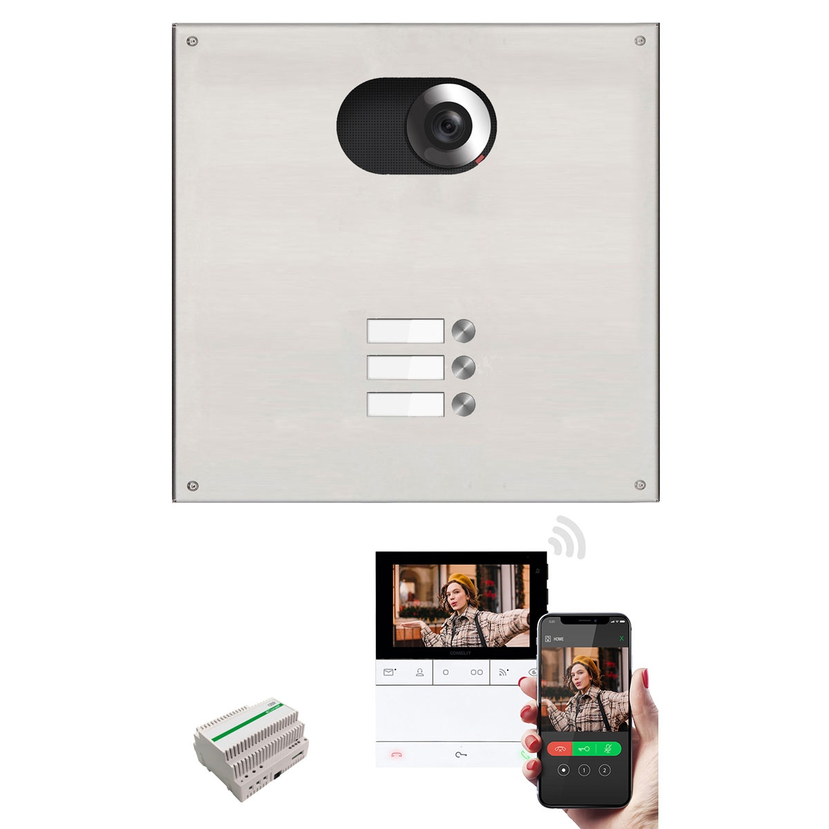 Stainless steel panel 355x330 for 3 party with Comelit complete video set Wifi