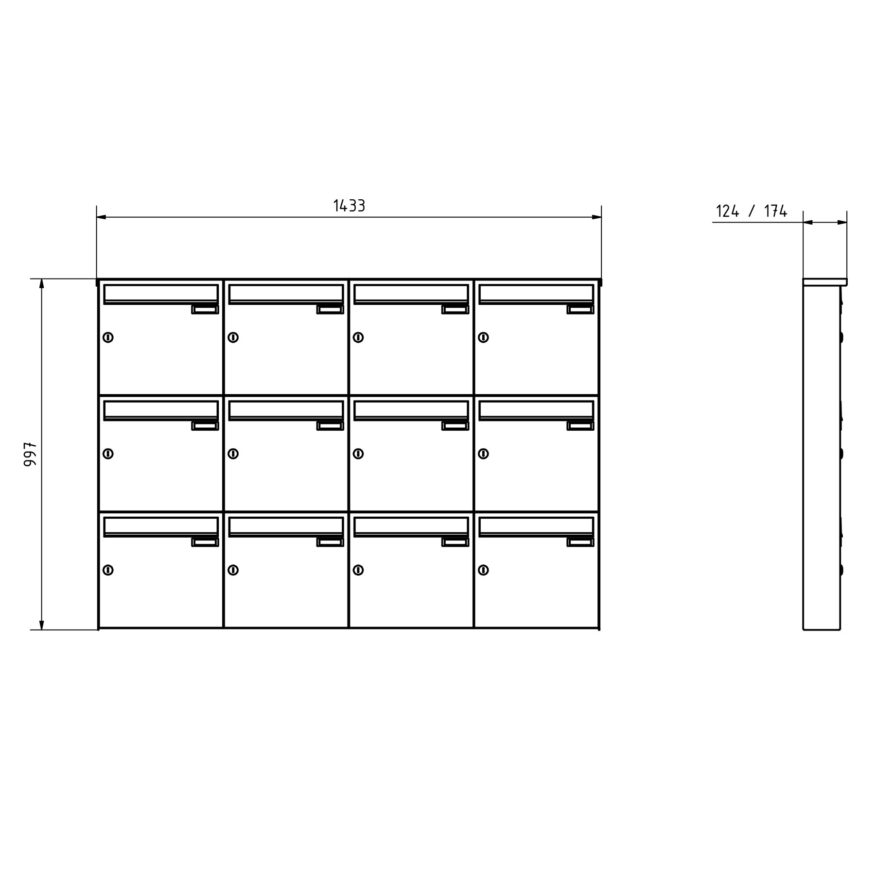 12er 4x3 Edelstahl Aufputz Briefkasten Design BASIC Plus 382XA AP - Edelstahl V2A geschliffen