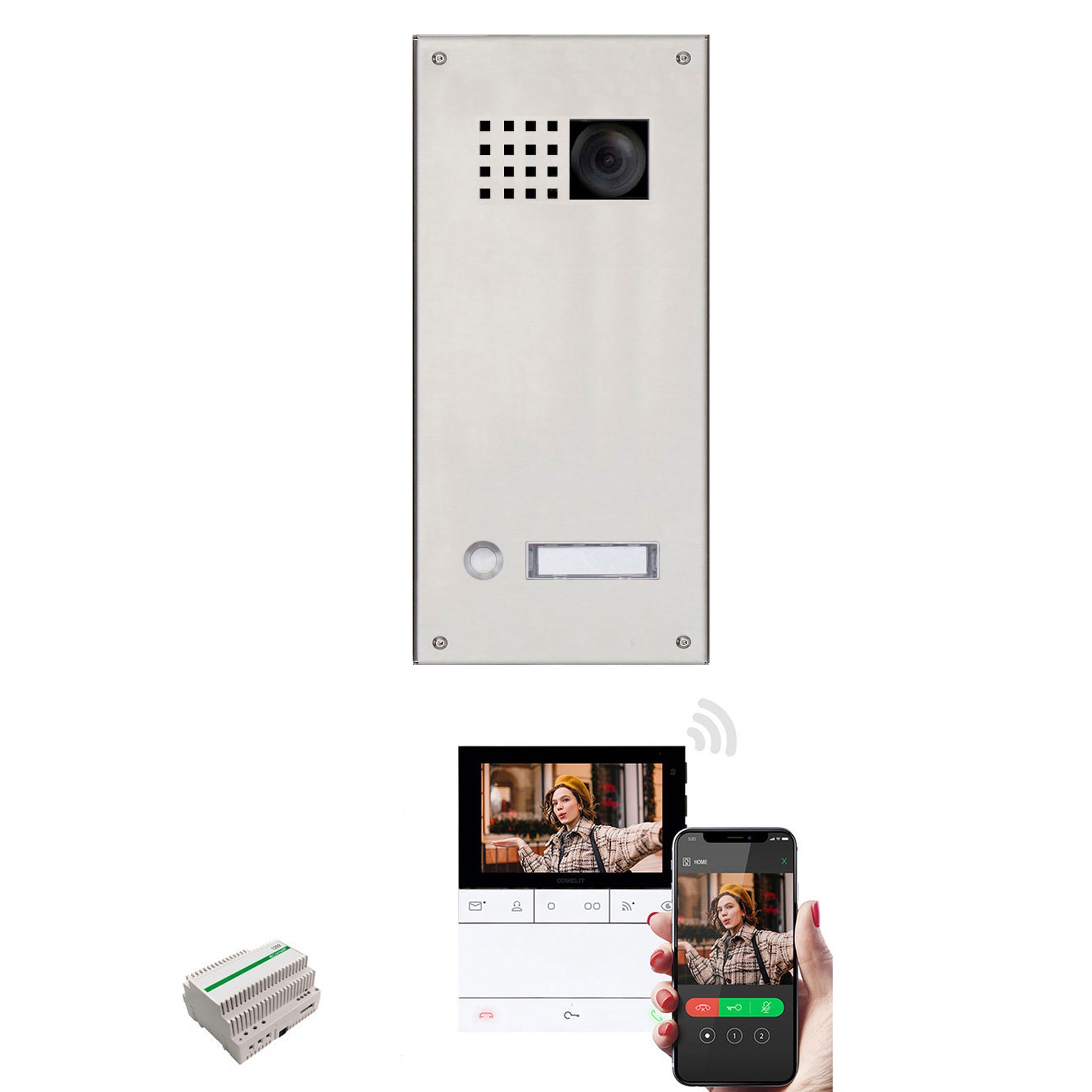 Edelstahl-Blende 170x330 für 1 Partei m. Comelit Ultra Video-Komplettset - Geschliffen