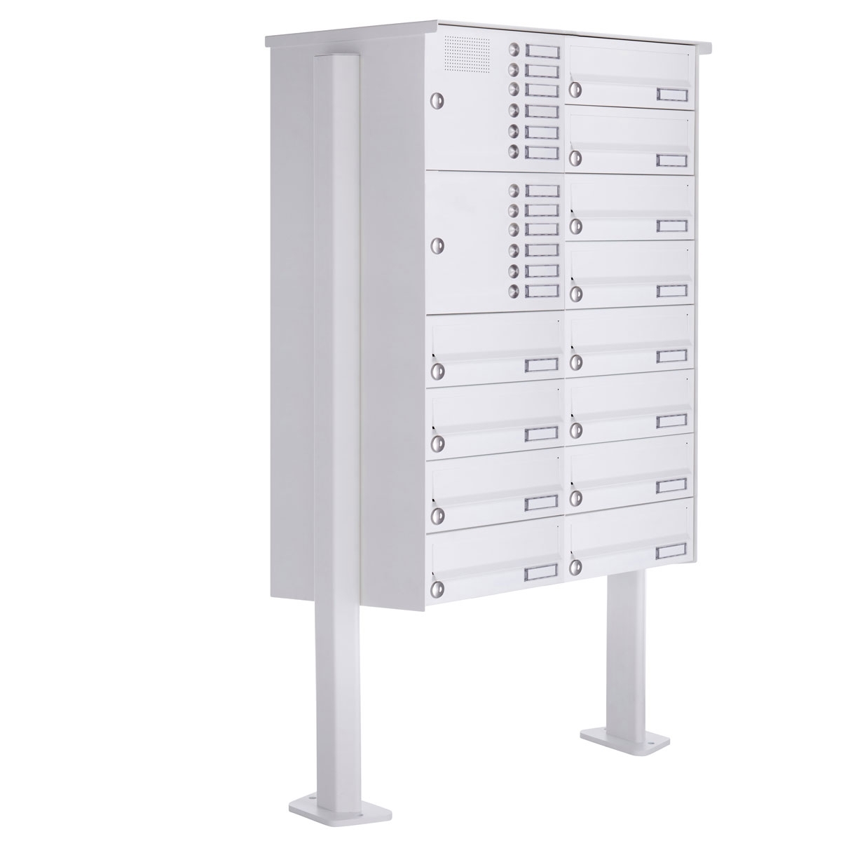 12er 8x2 Standbriefkasten Design BASIC 385P-9016 ST-T mit Klingelkasten - RAL 9016 verkehrsweiß