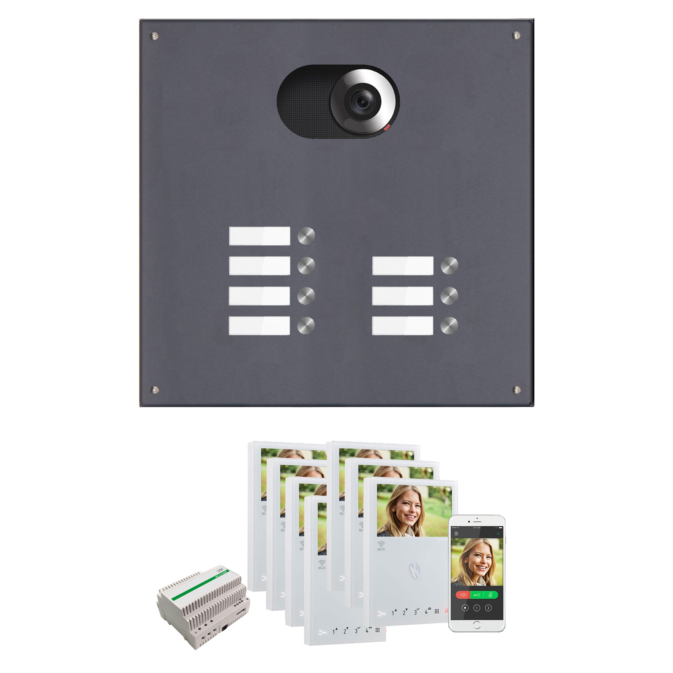 Edelstahl-Blende 355x100 für 7 Partei, RAL 7016 FS m. Comelit Video-Komplettset Wifi Edelstahl-Blende 355x100 für 7 Partei, RAL 7016 FS m. Comelit Video-Komplettset Wifi