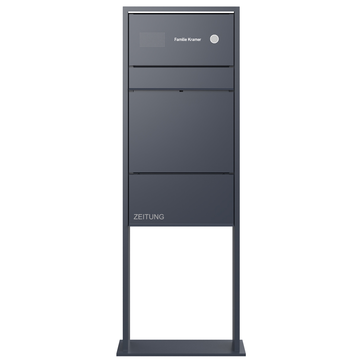 Design free-standing letterbox GOETHE LIB with bell box & newspaper compartment - LED design element - RAL of your choice Design free-standing letterbox GOETHE LIB with bell box & newspaper compartment - LED design element - RAL of your choice