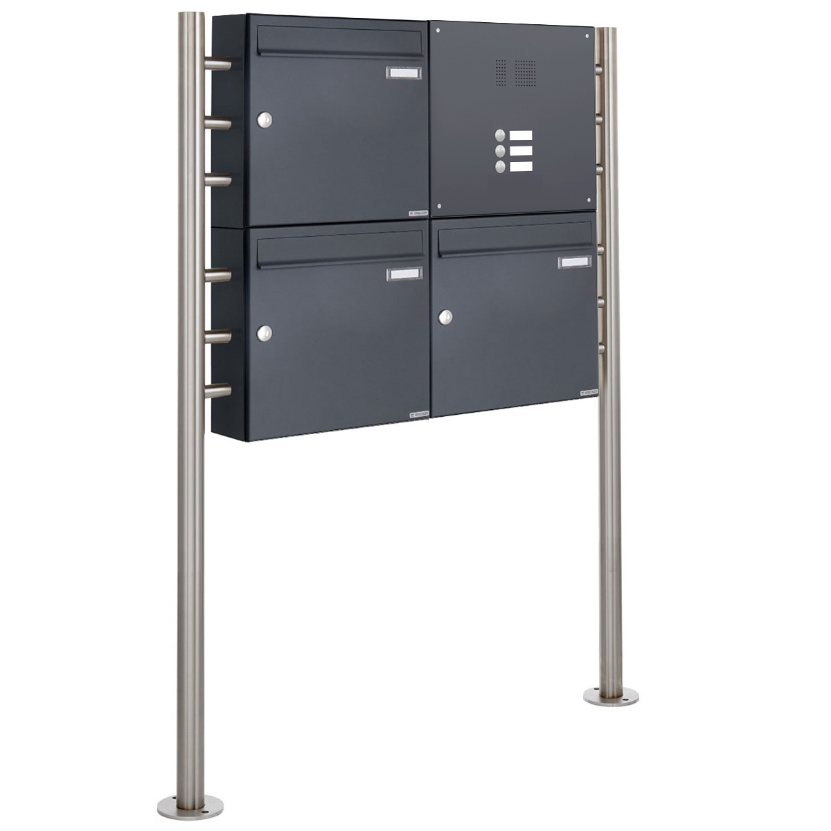 3er 2x2 Standbriefkasten Design BASIC 381 ST-R mit Klingelkasten - RAL 7016 anthrazitgrau 3er 2x2 Standbriefkasten Design BASIC 381 ST-R mit Klingelkasten - RAL 7016 anthrazitgrau
