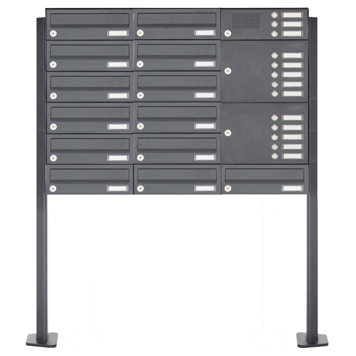 13er Edelstahl Briefkastenanlage freistehend Design BASIC Plus 385XP ST-T mit Klingelkasten - RAL nach Wahl