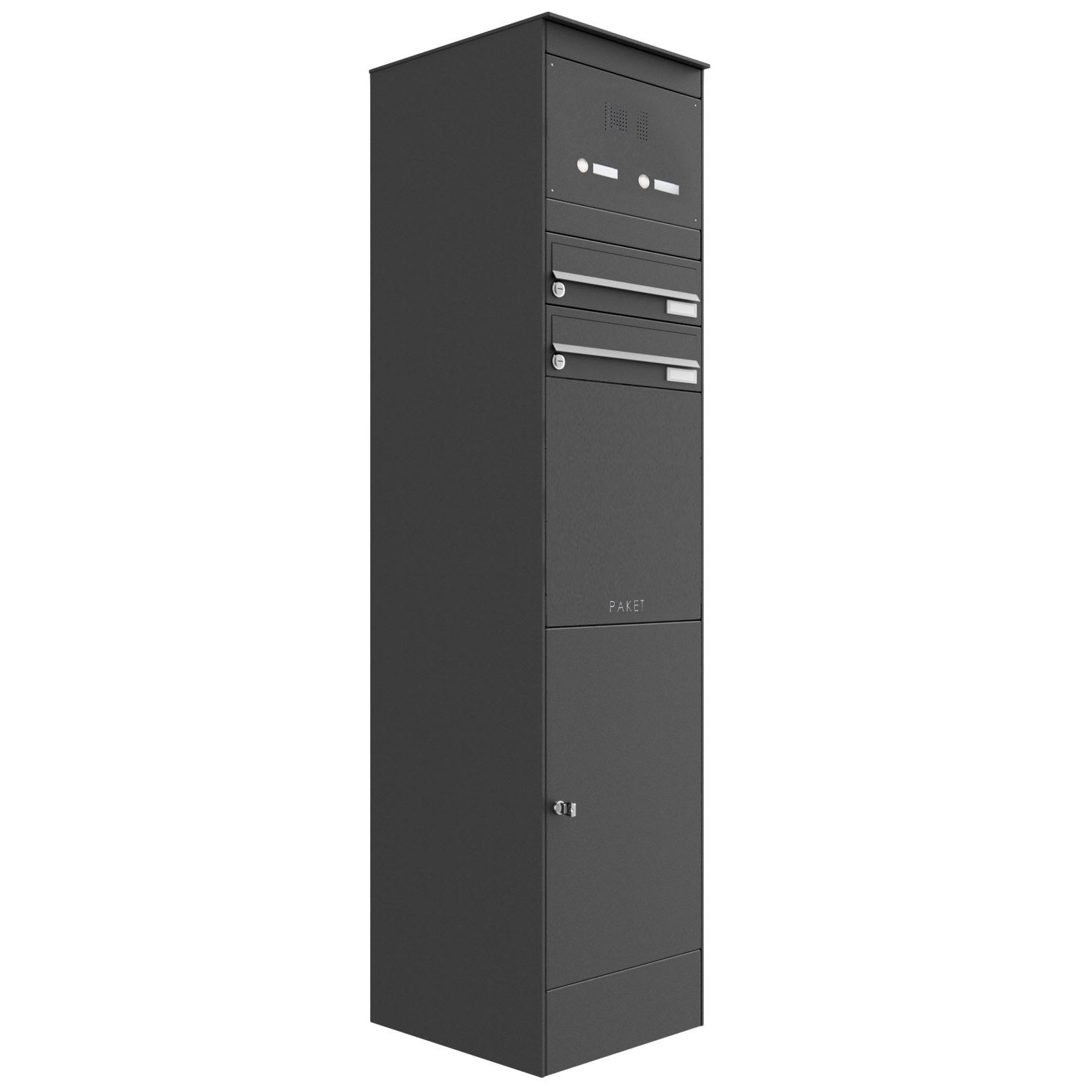 Piedistallo a 2 cassette postali BASIC Plus 864X con vano pacchi 550x370 e campanello - RAL a scelta Piedistallo a 2 cassette postali BASIC Plus 864X con vano pacchi 550x370 e campanello - RAL a scelta