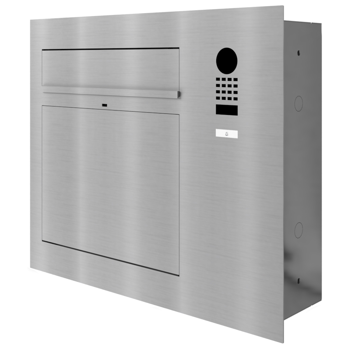 Design Unterputz Briefkasten GRIMM - Edelstahl geschliffen mit DoorBird Video-Sprechanlage rechts Design Unterputz Briefkasten GRIMM - Edelstahl geschliffen mit DoorBird Video-Sprechanlage rechts