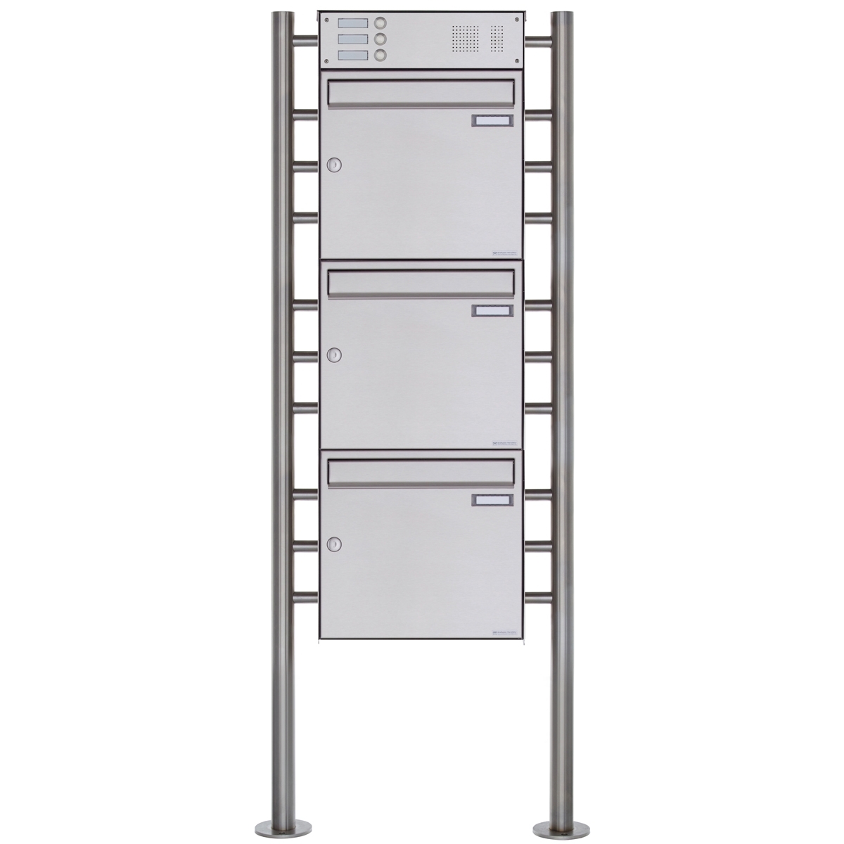 3er Standbriefkasten Design BASIC Plus 381X ST-R mit Klingelkasten - Edelstahl V2A geschliffen