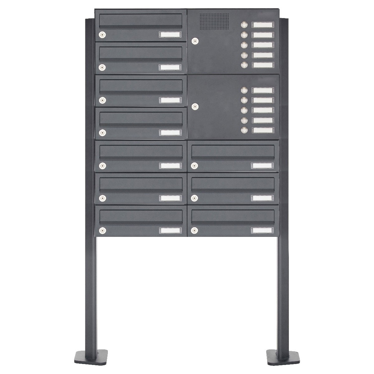 10er Edelstahl Standbriefkasten Design BASIC Plus 385XP ST-T mit Klingelkasten - RAL nach Wahl