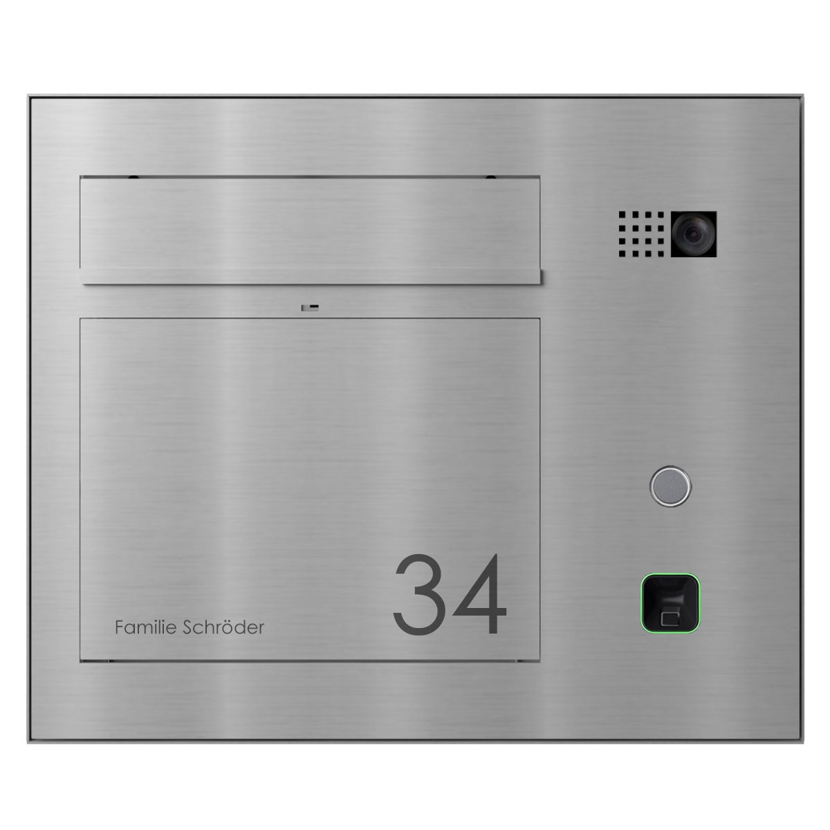 Design Aufputz Briefkasten GRIMM - Edelstahl geschliffen mit COMELIT Ultra - VIDEO Set rechts