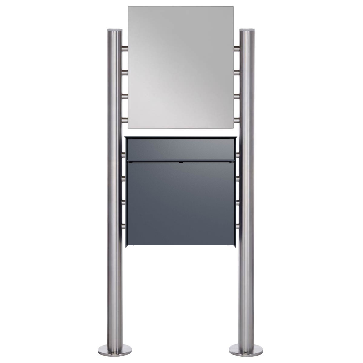Design free-standing letterbox GOETHE ST-R with advertising sign 406x460 made of polished stainless steel - RAL of your choice Design free-standing letterbox GOETHE ST-R with advertising sign 406x460 made of polished stainless steel - RAL of your choice