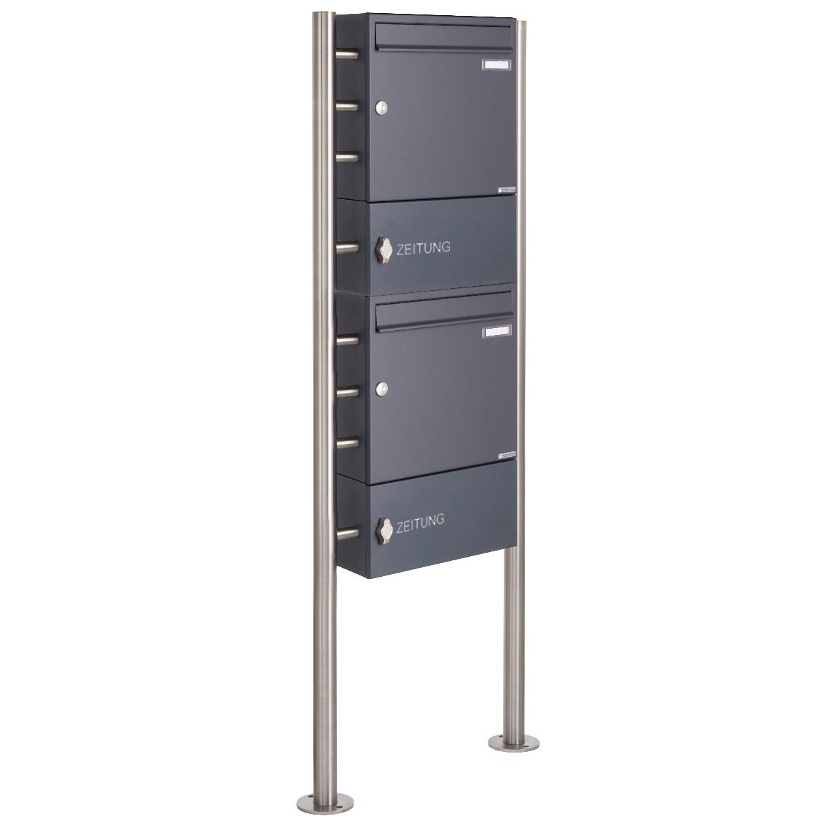 2-post 2x1 letterbox Design BASIC 381 ST-R with closed newspaper compartment - RAL 7016 anthracite grey 2-post 2x1 letterbox Design BASIC 381 ST-R with closed newspaper compartment - RAL 7016 anthracite grey