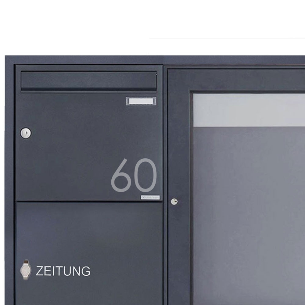 Flush-mounted letterbox with newspaper compartment & display case BASIC Plus 389 UP - 710x660 - RAL of your choice Flush-mounted letterbox with newspaper compartment & display case BASIC Plus 389 UP - 710x660 - RAL of your choice