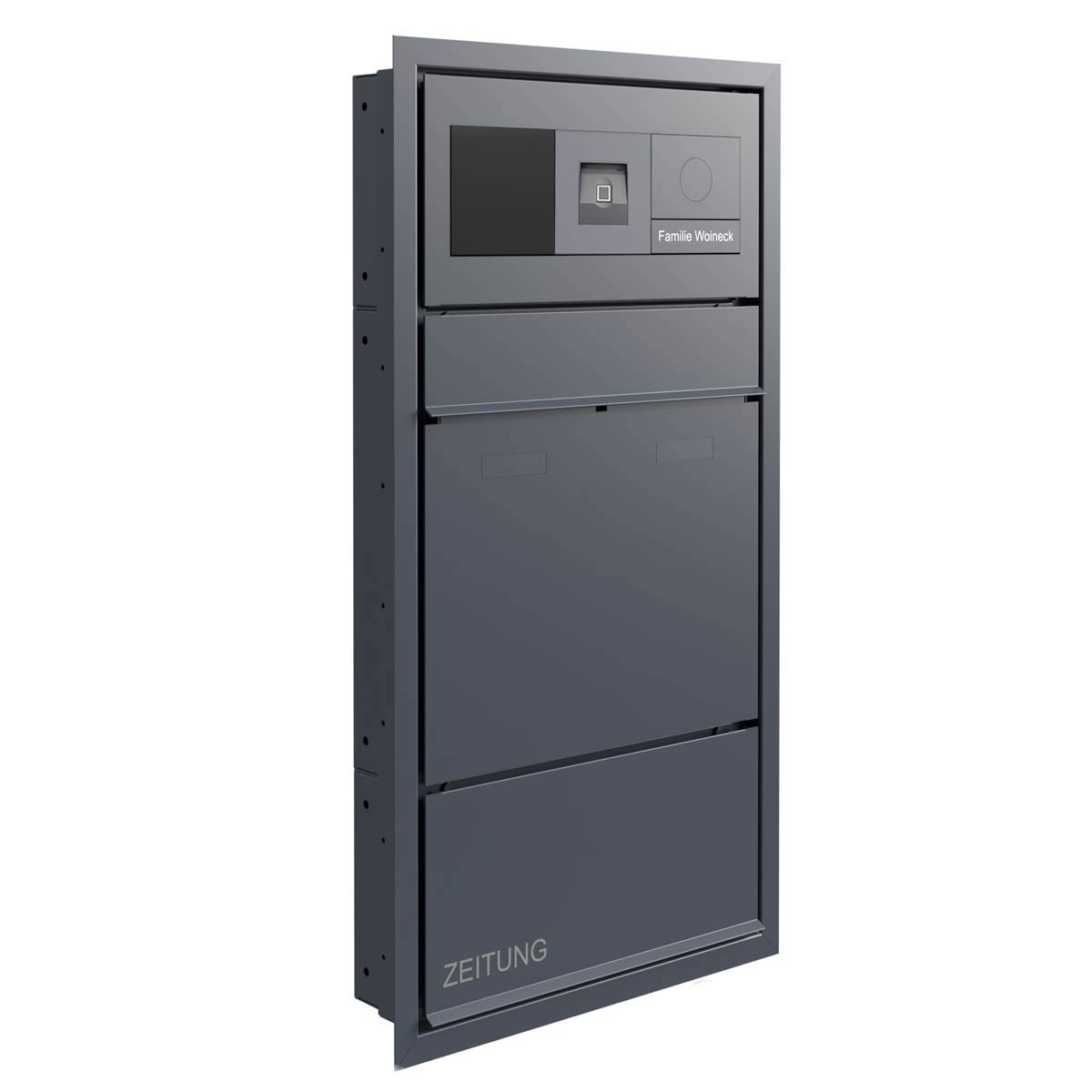 Design flush-mounted letterbox GOETHE UP with newspaper compartment - RAL of your choice - GIRA System 106 Keyless In - VIDEO complete set Design flush-mounted letterbox GOETHE UP with newspaper compartment - RAL of your choice - GIRA System 106 Keyless In - VIDEO complete set