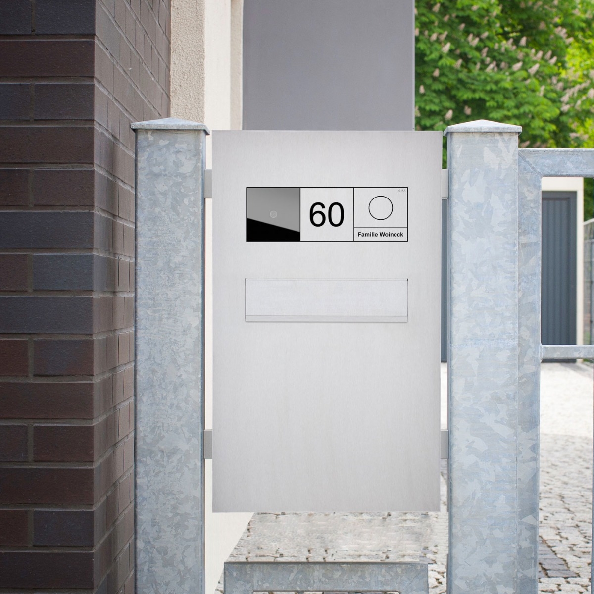 Stainless steel fence letterbox designer model BIG - rear removal - GIRA System 106 - 3-gang prepared Stainless steel fence letterbox designer model BIG - rear removal - GIRA System 106 - 3-gang prepared