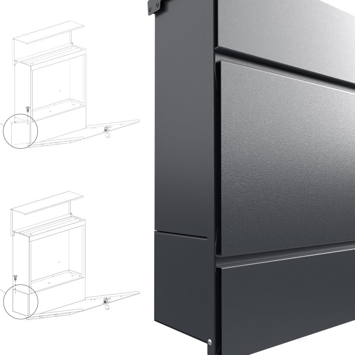 Briefkasten KANT mit Zeitungsfach - Design 2 - RAL 7016 anthrazitgrau Briefkasten KANT mit Zeitungsfach - Design 2 - RAL 7016 anthrazitgrau