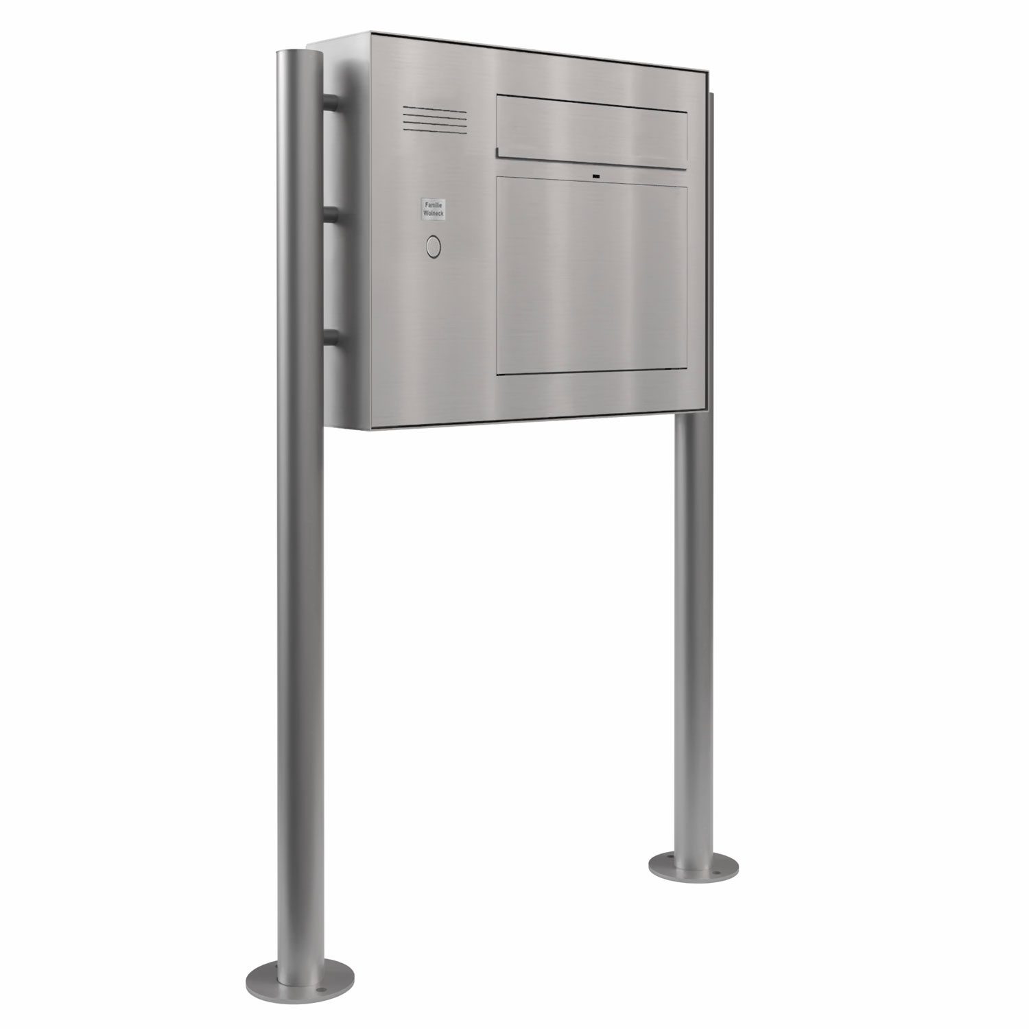 Design free-standing letterbox GRIMM - polished stainless steel with preparation for camera and intercom system left