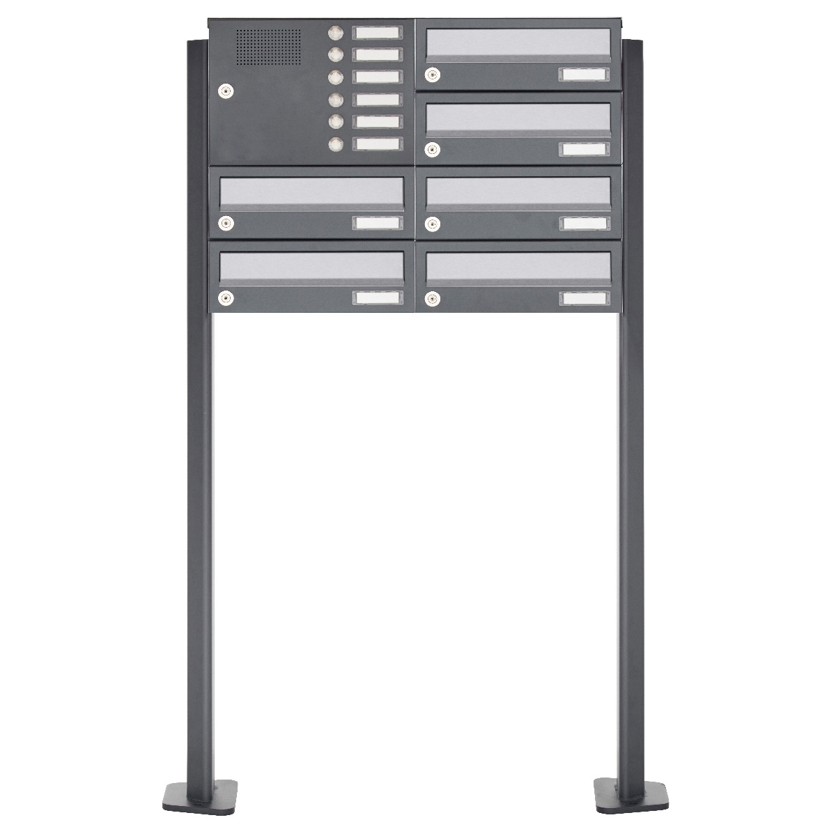 6er 3x2 Standbriefkasten Design BASIC 385P ST-T mit Klingelkasten - Edelstahl-RAL 7016 anthrazit