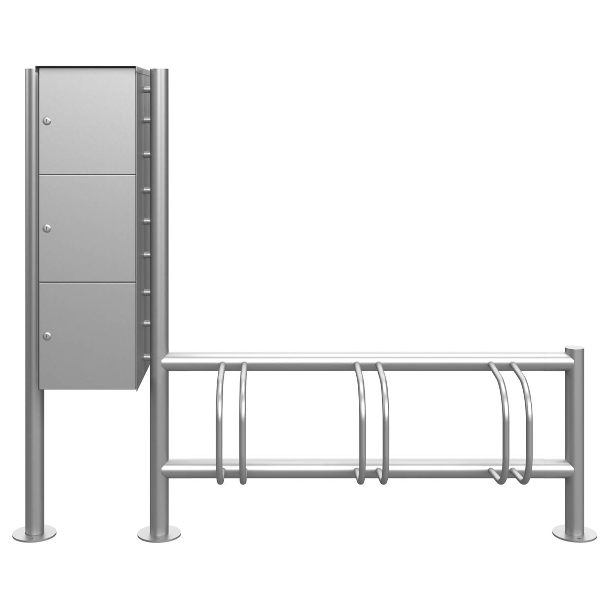 Support cycles 3 places en acier inoxydable ACHIM avec casiers - station de recharge pour vélos électriques - acier inoxydable V2A brossé Support cycles 3 places en acier inoxydable ACHIM avec casiers - station de recharge pour vélos électriques - acier inoxydable V2A brossé