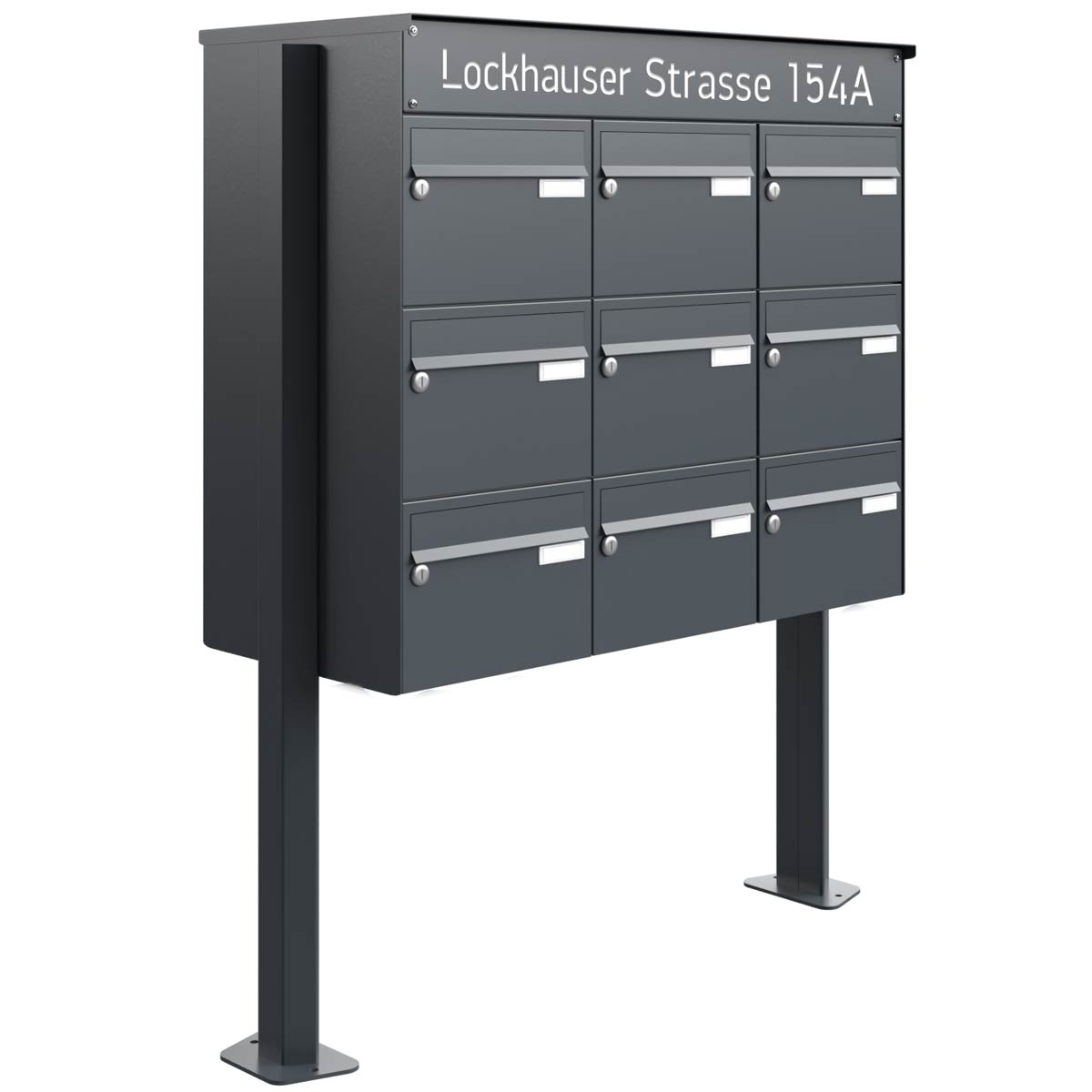 9er 3x3 Standbriefkastenanlage Design BASIC Plus 385XP ST-T - LED Beschriftung - RAL nach Wahl