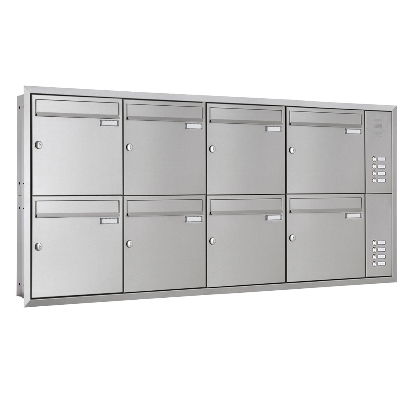 8-piece stainless steel flush-mounted letterbox system BASIC Plus 382XU UP with bell box on the side