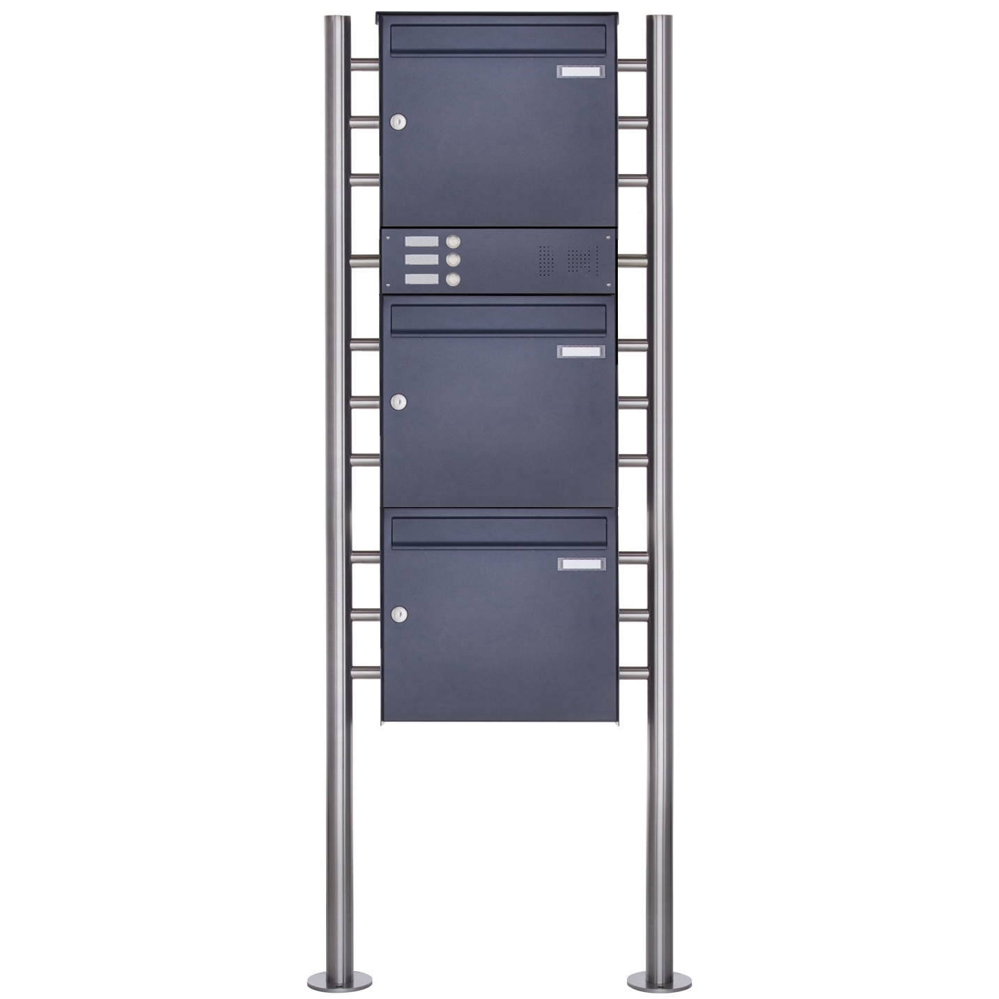 3er 3x1 Edelstahl Standbriefkasten Design BASIC Plus 381X ST-R mit Klingelkasten - RAL nach Wahl