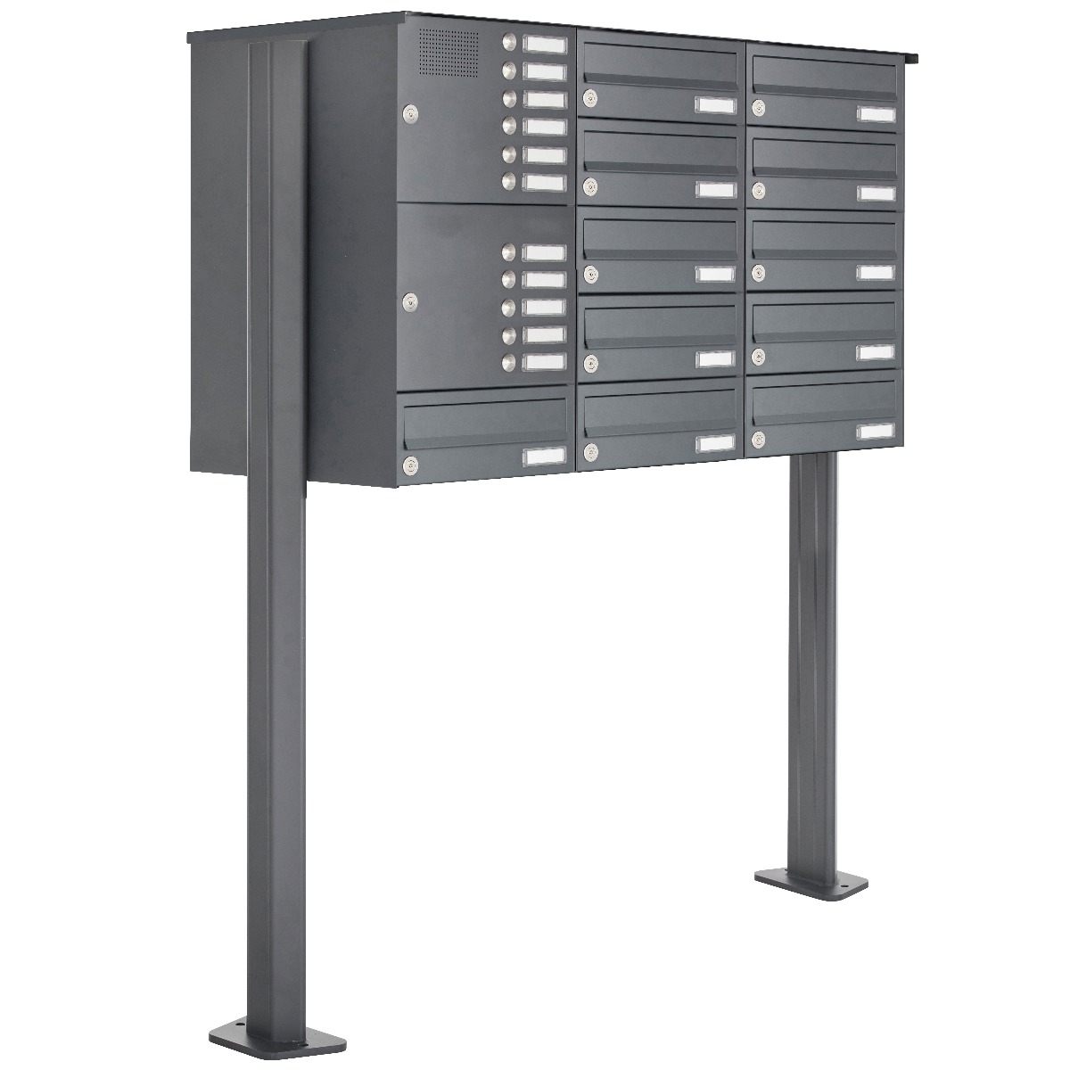 11 letterbox system freestanding Design BASIC 385P-7016-SP with doorbell intercom incl. side cladding & rain cover - horizontal letterboxes - anthracite grey RAL 7016 11 letterbox system freestanding Design BASIC 385P-7016-SP with doorbell intercom incl. side cladding & rain cover - horizontal letterboxes - anthracite grey RAL 7016