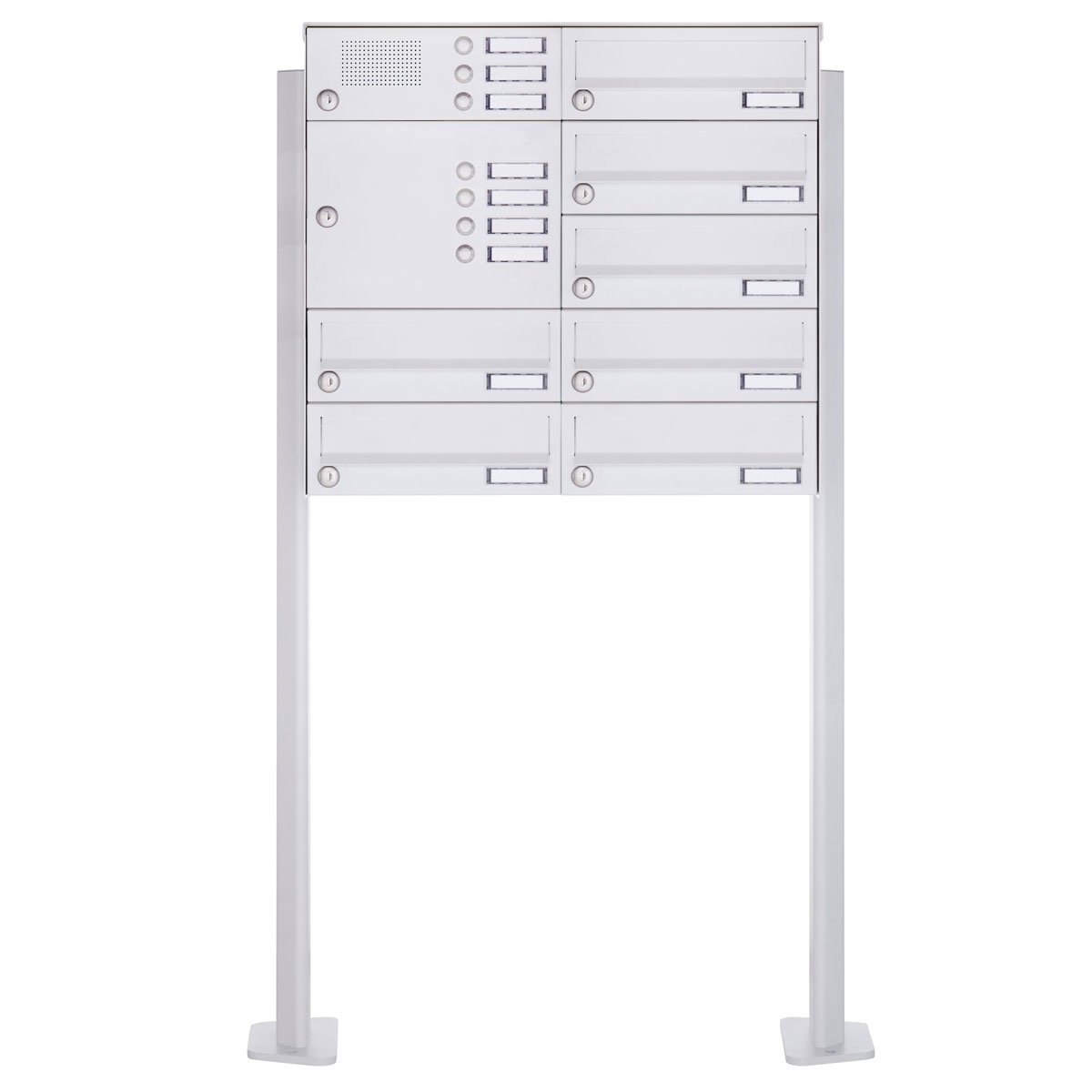 7er Standbriefkasten Design BASIC 385P-9016 ST-T mit Klingelkasten - RAL 9016 verkehrsweiß