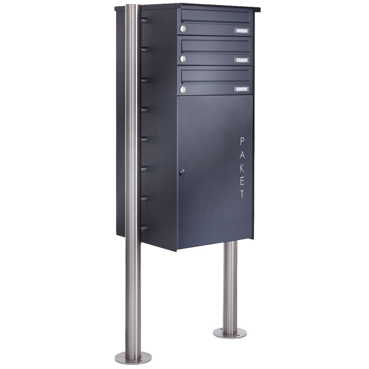 3er Edelstahl Paketbriefkasten freistehend BASIC Plus 863X ST-R mit Paketfach 550x370 in RAL nach Wahl 3er Edelstahl Paketbriefkasten freistehend BASIC Plus 863X ST-R mit Paketfach 550x370 in RAL nach Wahl