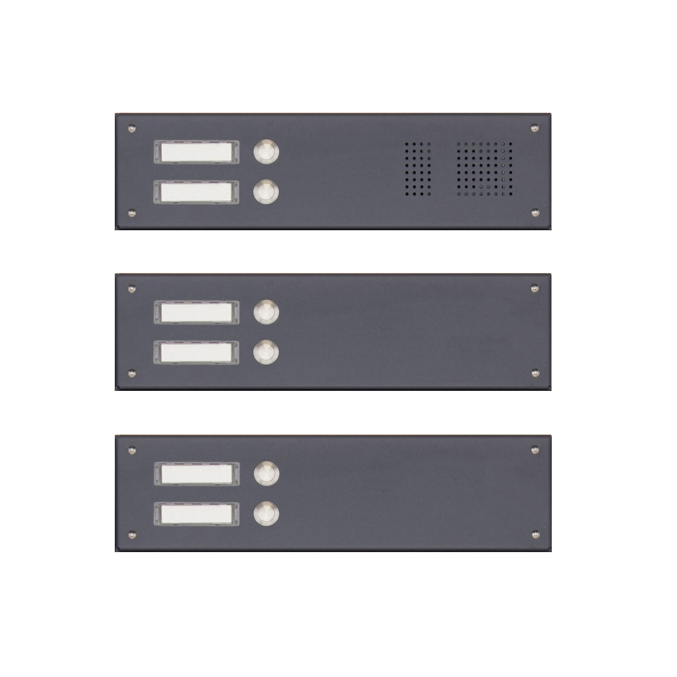 3 Edelstahl-Blenden 355x100 für 6 Parteien m. Sprechlochung, RAL 7016 FS