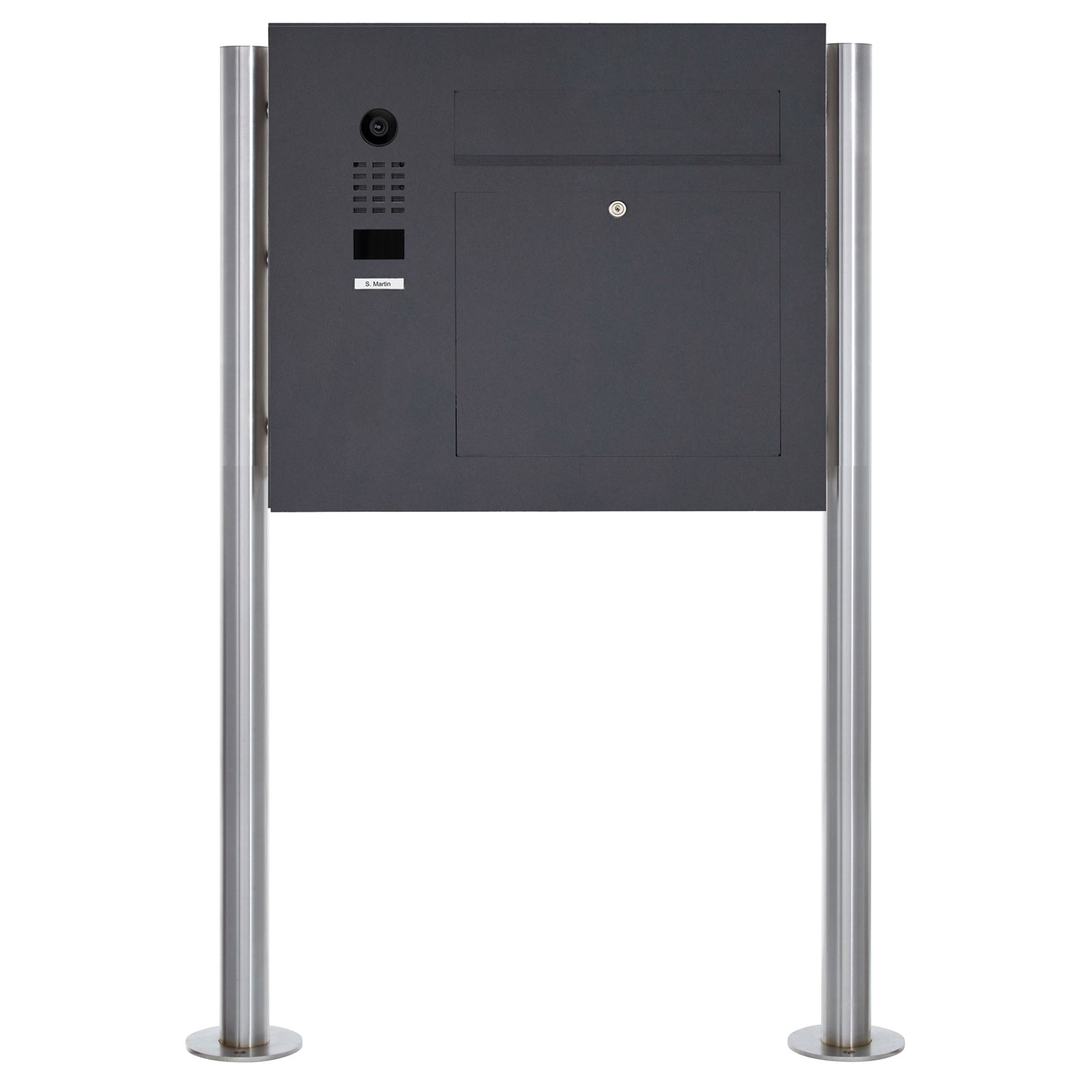 Stainless steel free-standing letterbox designer model BIG ST-R with DoorBird video intercom system on the side - RAL of your choice
