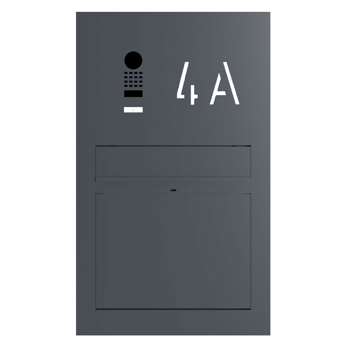 Design letterbox pedestal GRIMM - colour of your choice with DoorBird video intercom system