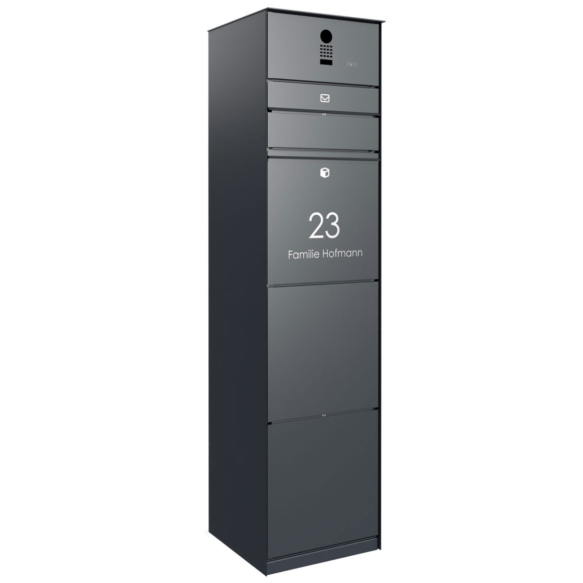 Freistehende Design Paketbox GOETHE mit 1 Briefkasten und Kamera- Sprechanlage DoorBird D1100E - Schleusensystem - RAL nach Wahl